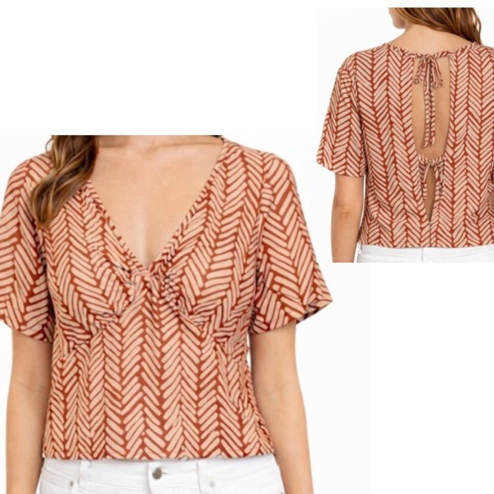 Woven Chevron Tie-Back Crop Top - Rust
